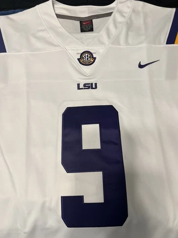 LSU Joe Burrow Burreaux XL custom white stitched jersey NWOT. SEC Graduate Logo Cover