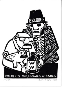 HEIKE KÜSTER: Exlibris für Wolfgang WIssing, "Mafiamops" - Bild 1 von 1