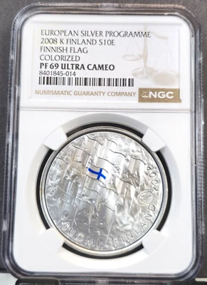 2008 FINLAND SILVER 10 EURO FINNISH FLAG COLORIZED NGC PF 69 ULTRA CAMEO SCARCE - Image 1 of 3