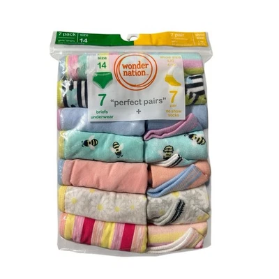 Wonder Nation Girls 7 Perfect Pairs 7 Briefs size 14 and 7 Socks L 4 to 10 New - Image 1 of 4