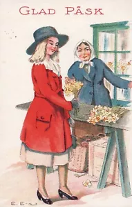 Glad Pask E E n Künstler Mädchen Blumenständer Ostern Vintage Postkarte - Bild 1 von 2