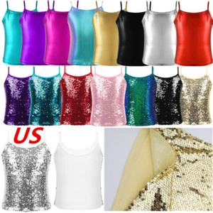 Girls Top Sequin Camisole Adjustable Spaghetti Straps Disco Dancing Tank Tops - Picture 1 of 117
