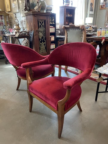 Pair of Red Velvet Custom Mid Century Regency Influenced Open Arm Chairs Cover