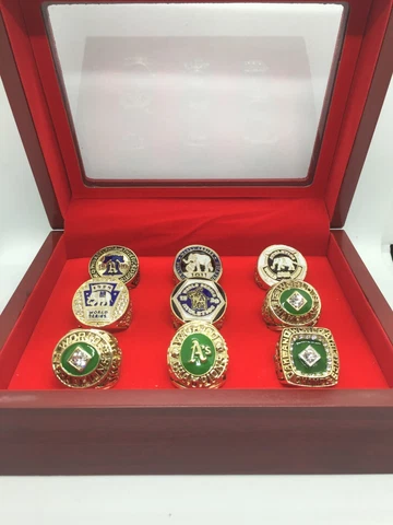 9 Pcs Athletics World Championship Rings Set with Box Oakland Athletics Rings Cover