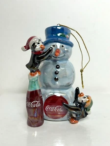 2003 Coca Cola Pearlescent Porcelain Snowman & Penguins Soda Christmas Ornament - Picture 1 of 10