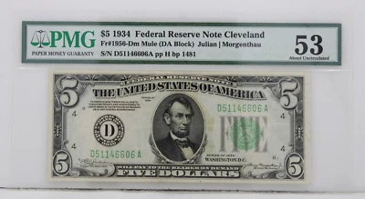 $5 1934 Federal Reserve Note 53 About Uncirculated S/N D51146606A pp H bp 1481 - Image 1 of 2