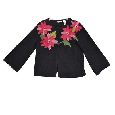 Kim Rogers Women's S Poinsettia Flower Black Cardigan Sweater Holiday Christmas - Image 1 of 4