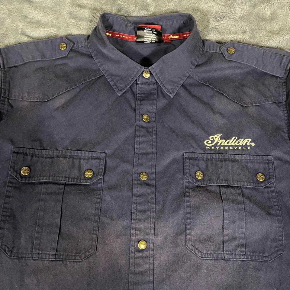 印度摩托车短袖机械纽扣工作衬衫 XL 海军蓝褪色 — 第 1/4 张图片