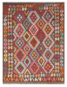 202x157cm Brown Kilim Rug Handmade Wool Flatweave Tribal Lounge Livingroom Decor - Picture 1 of 6