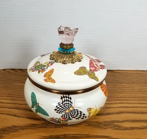 Mackenzie Childs Butterfly Garden Squashed Pot Container Jar With Lid Retired - Picture 1 of 12