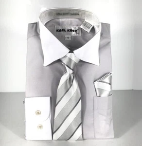 Karl Knox Boys Dress Shirt Gray White Collar Cuffs Gray Silver Tie Hanky - Picture 1 of 2