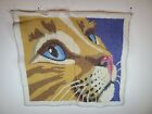 Completed Cross Stitch Mountain Lion Cougar Face Unframed On Fabric