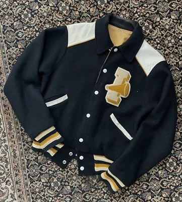 Chaqueta Universitaria Howe Vintage Reversible Negra Dorada Alegría Lana Satén Talla 34 Foto 1 de 4
