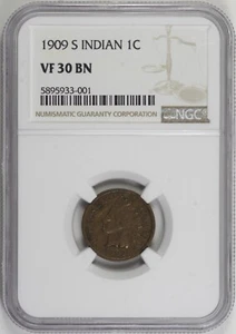 1909-S Indian Head Cent 1c NGC VF30, Key Date [BN001] - Picture 1 of 4