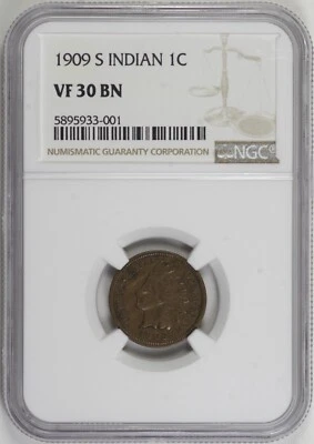 1909-S Indian Head Cent 1c NGC VF30, Key Date [BN001] - Image 1 of 4