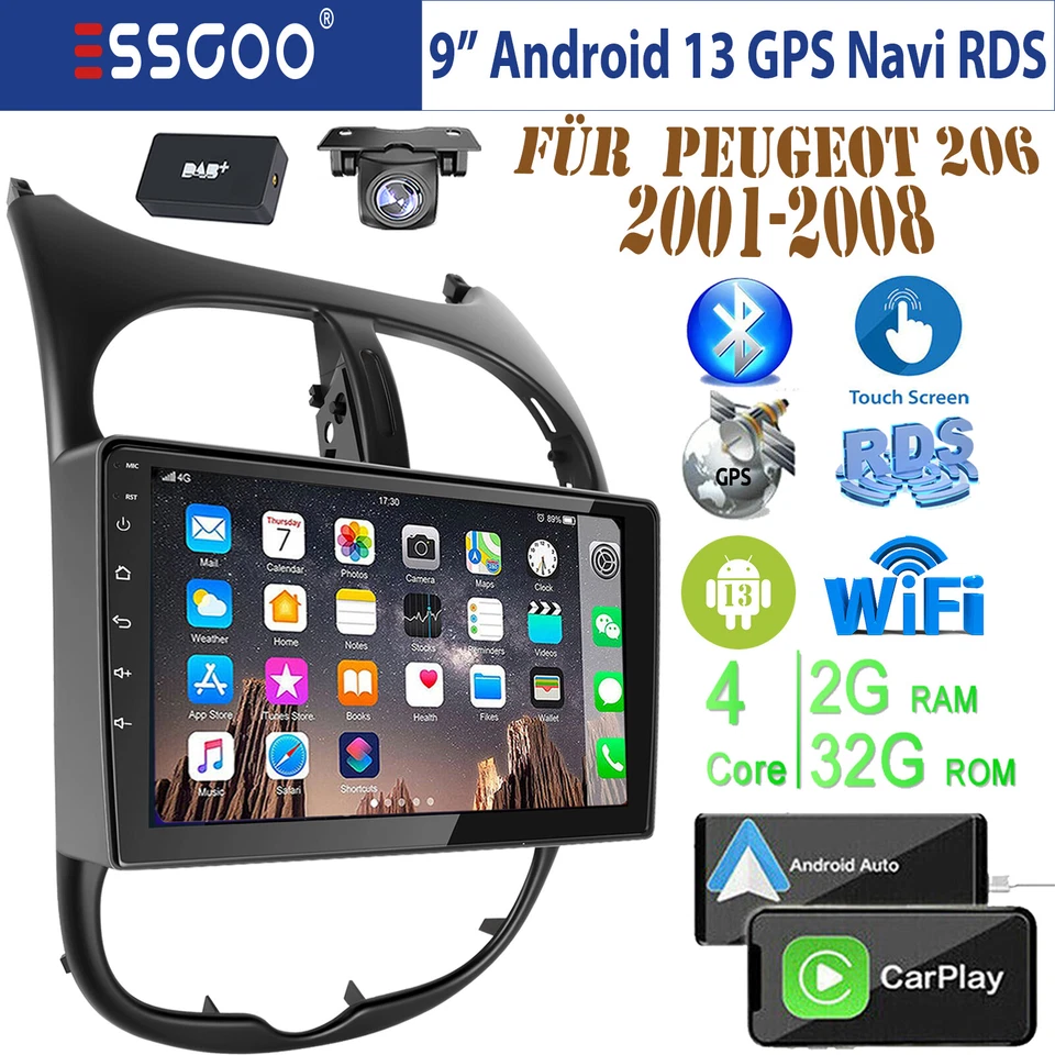 DAB+ 2+32G Android 13 Autoradio Carplay GPS Navi WIFI RDS KAM Für Peugeot 206 CC - Bild 1 von 4