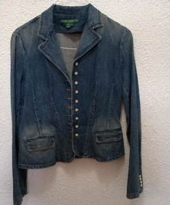 Giacca in denim Lauren Jeans Co blu lavaggio con bottoni perla taglia small militare - Foto 1 di 7