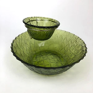 Indiana Glass Co AVOCADO GREEN Weavetex Chip & Dip Bowl 1960's/1970's VINTAGE - Picture 1 of 9