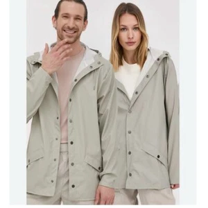 NWT Rains Unisex Long Waterproof Jacket in Cement Hooded Snap Front Size XL - Picture 1 of 8