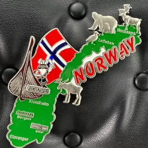 NORWAY🇳🇴METAL FRIDGE MAGNET✅COUNTRY MAP NORGE WITH ANIMALS DRAKKAR SHIP FLAG🎗 - Picture 1 of 3