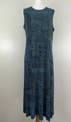 Coldwater Creek Maxi Dress Slinky Stretch Black Blue Tribal Travel Petite PXL - Image 1 of 4