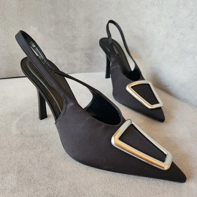 Gianni Bini slingback pumps 10 black satin pointy chunky buckle heels new $100 - Image 1 of 4