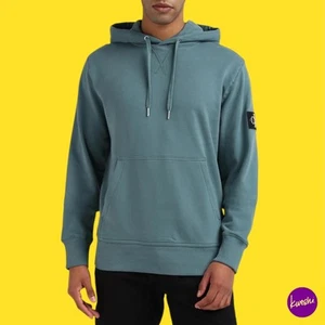Sudadera con capucha con insignia para hombre Calvin Klein Jeans, algodón, azul Atlántico Norte, UK XS | EU 44 - Imagen 1 de 7