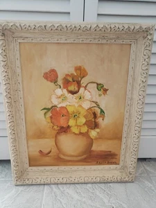 Schönes Ölgemälde auf Holz orange Blumenstillleben Vase gerahmt, signiert!  - Bild 1 von 4