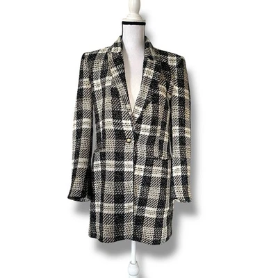 Zara Boucle Tweed Blazer Jacket Fits Sz S/M Brown Plaid Collar Single Button - Image 1 of 4