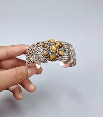 Brazalete de piedras preciosas de ojo de tigre natural de plata de ley 925 brazalete de regalo para ella Foto 1 de 4