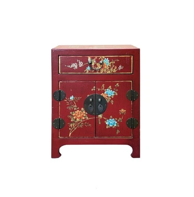 Mesita de noche de vinilo rojo chino cara de luna flores pájaros GB063 Foto 1 de 4