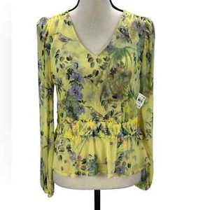 INC Long Sleeve Semi Sheer Floral Print Blouse - Yellow Green Purple - size PL - Picture 1 of 9