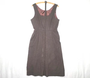 Vtg 60s Pinafore Dress M L 32w Brown Wool Woven Low Neck Mod Retro MCM M L wBelt - Picture 1 of 13