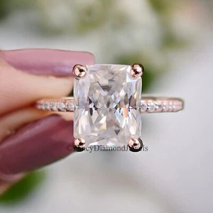 Radiant Cut Colorless Moissanite 3.90 TW Pave Setting Ring Engagement Ring FD30 - Picture 1 of 10