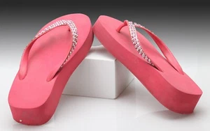 LADY LANELLS –Drk Pink–Swarovski Crystal Straps –Size 9/10 - 2" Wedge Flip Flop - Picture 1 of 4