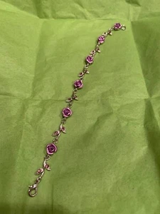 Handmade Silver Plated Purple Stone & Metal Roses 6.75” Bracelet - Picture 1 of 5