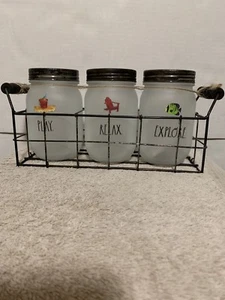 Rae Dunn Set Of 3 Frosted Mason Jars /  Lantern Candle PLAY/RELAX/EXPLORE - Bild 1 von 12