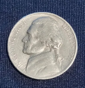 This 1971 Jefferson nickel is a circulated coin. No Mint Mark. - Picture 1 of 5