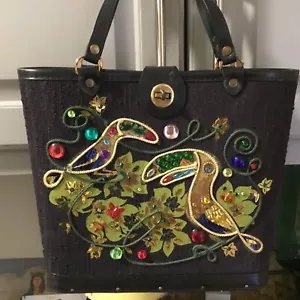 Vintage 1960`s "Jeweled” Canvas Tote Purse Handbag birds Tucans - Picture 1 of 11