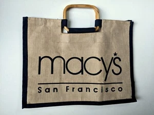 Macy's San Francisco Jute Eco Tote Shopping Bag Bamboo Handles Classic Logo - Picture 1 of 4