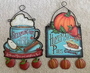 Set of 2 Cute Country Fall Metal Wall Plaques 17" x 10" Apple Cider, Pumpkin Pie - Picture 1 of 3