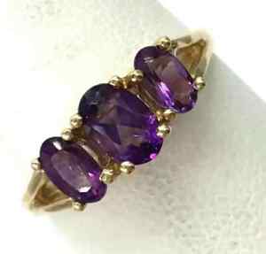 Three Stone Pretty Engagement 2.50CT Oval Cut Amethyst Ring 14K Yellow Gold Over