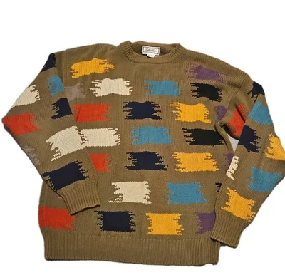 Suéter De Colección Bill Blass Hombres XL Tostado Tejido Pesado Abuelo Años 80 con Estampado Geométrico  Foto 1 de 4