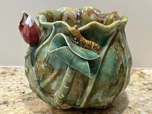 Vintage Caterpillar Flower Majolica Cache Pot Planter Chinese Pottery - Picture 1 of 20