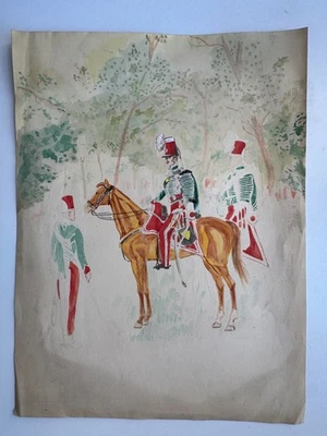 Antique 19th C French Gouache Painting Napoleonic Military Uniform Horses 9 x 12 - Image 1 of 4