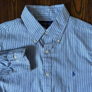 Polo Ralph Lauren LS Oxford Dress Shirt Mens 16-34 Slim Fit Blue Striped Cotton - Picture 1 of 9