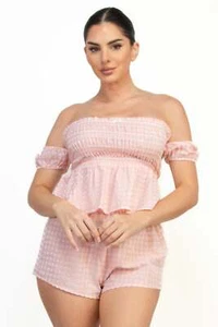 Off-shoulder Smock Gingham Top & Mini Short Sets - Picture 1 of 10