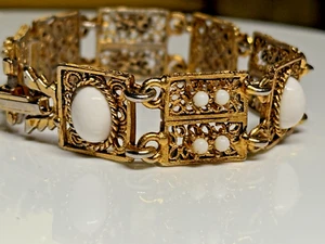 Vintage Bracelet Panel Link Cabochon White Stone Gold Tone Metal Filigree - Picture 1 of 14
