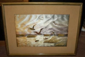 Vintage gerahmte Nadelspitze Stickerei Enten Gänse Landschaft - Bild 1 von 4