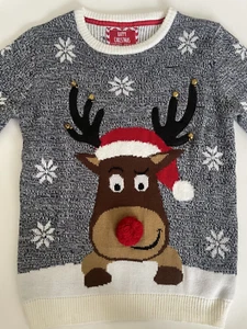 Size L (10-12) Holiday Christmas Sweater Rudolph Reindeer w/bells pre-owned - Picture 1 of 8